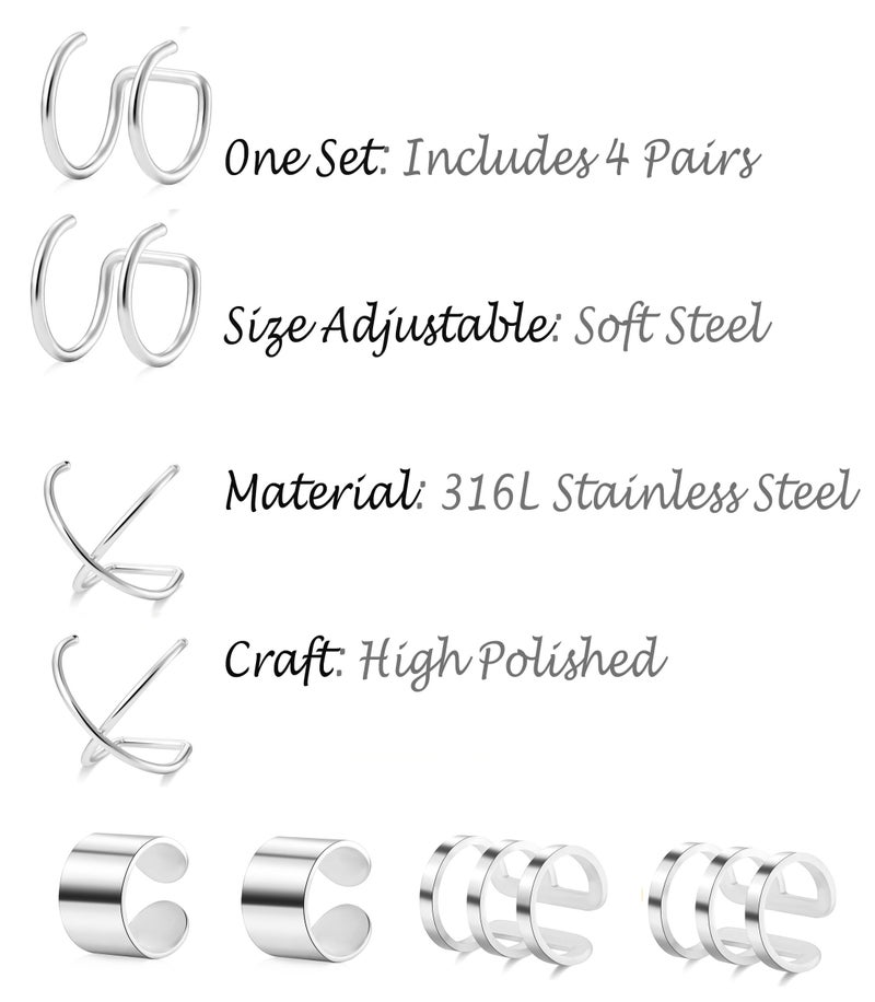 Tornito 4-10 Pairs Stainless Steel Ear Cuff Helix Cartilage Clip On Wrap Earrings Fake Nose Ring Non-Piercing Adjustable (A4: 4 Pairs, Silver Tone) - Image 3